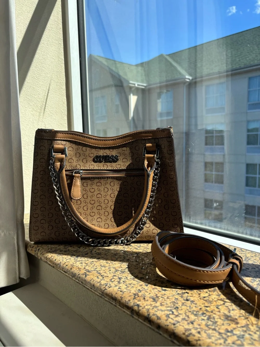 GUESS Tan Logo Chain Accent Satchel/ Hand Bag